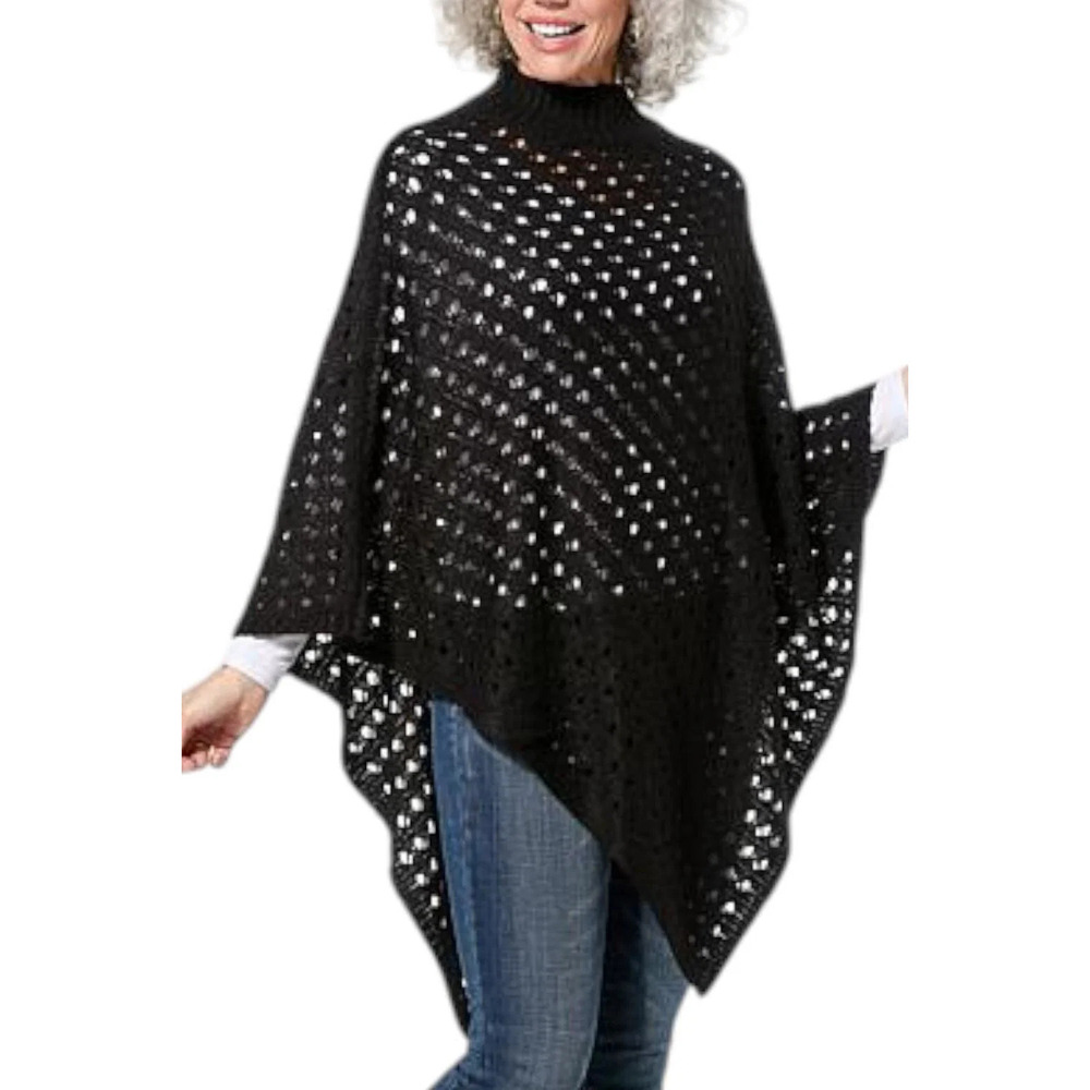 Antthony Women's Open Sweater Mock-Neck Asymmetrical Poncho Black - Regular